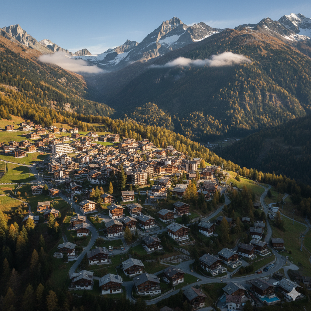 Vue aérienne d’un village alpin avec résidences secondaires