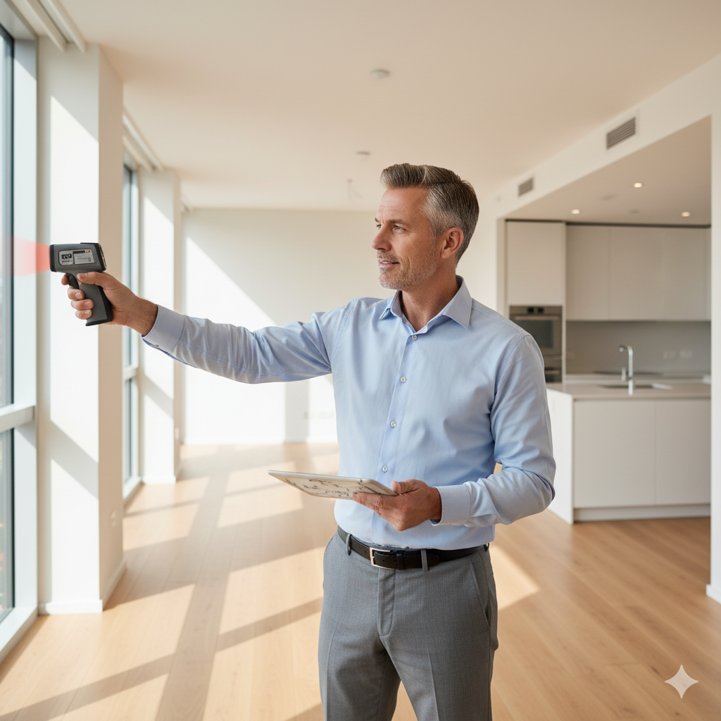 Expert immobilier évaluant un appartement avec une tablette et un mètre laser pour estimer le prix juste du bien.
