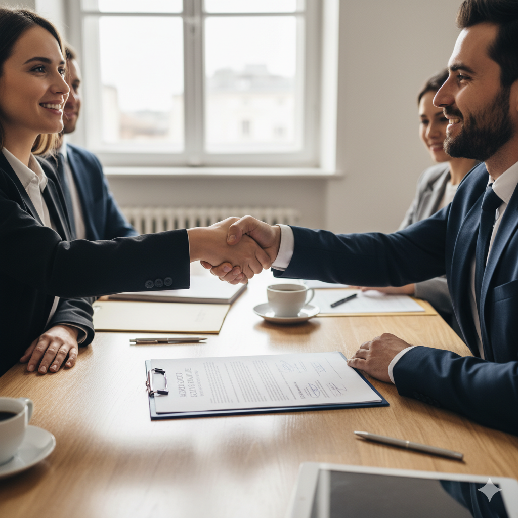 Poignée de main entre acheteur et vendeur au-dessus d’un contrat immobilier, représentant la négociation du prix d’achat