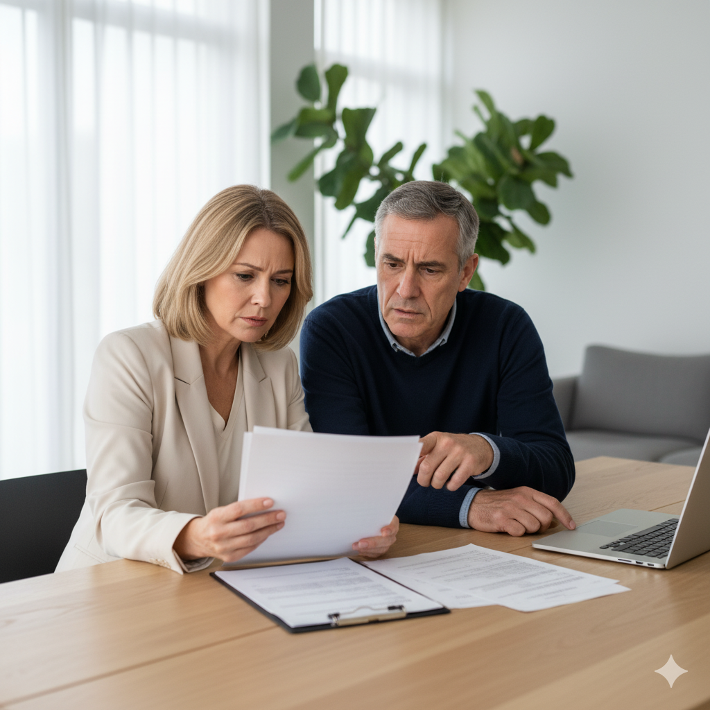 Un couple d’acheteurs immobiliers inquiet devant un contrat de vente, illustrant la peur de payer trop cher un bien immobilier.
