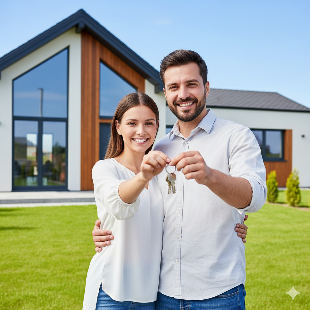 Couple souriant devant leur nouvelle maison avec les clés à la main, symbolisant un achat immobilier réussi et au prix juste.