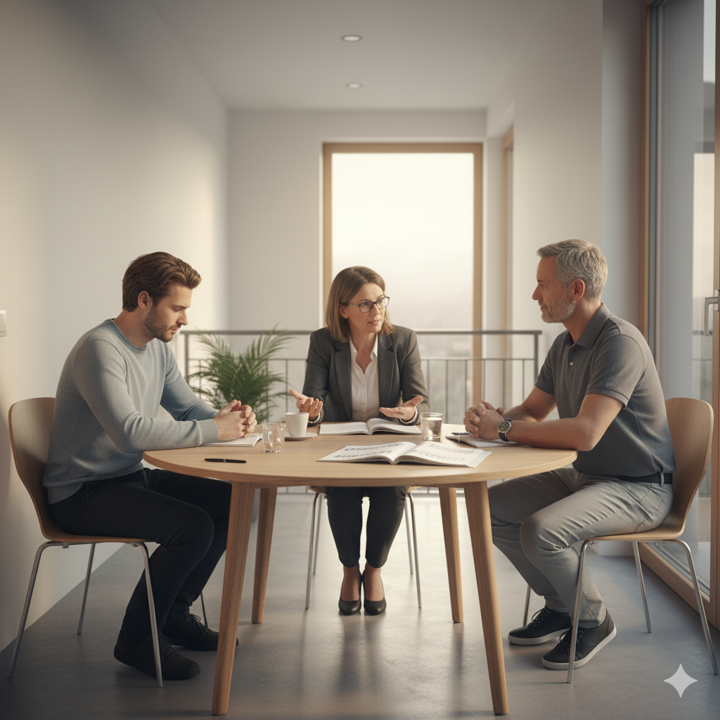 Un administrateur de PPE mène une médiation entre deux copropriétaires pour régler un différend de voisinage en Valais.