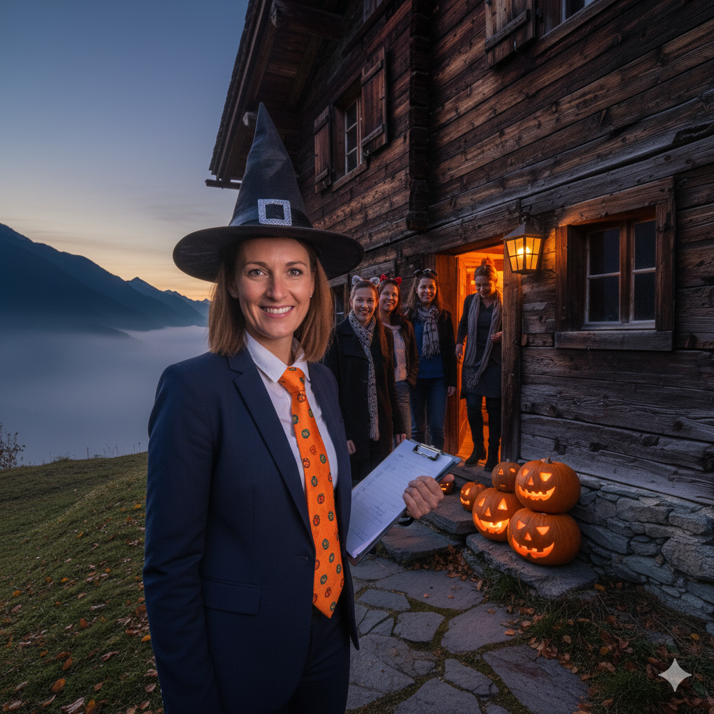 Agent immobilier souriant, portant un léger déguisement d’Halloween, accueillant des visiteurs curieux dans une maison ancienne.