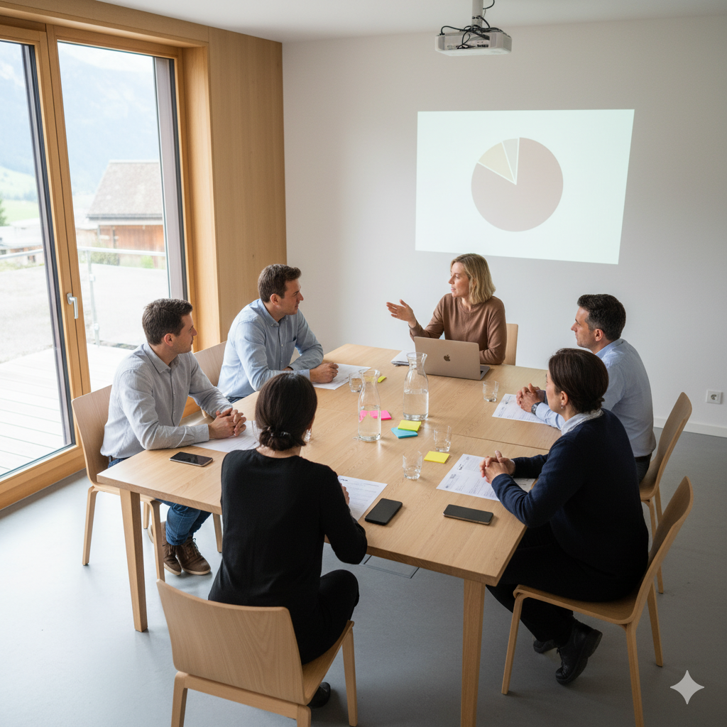Réunion de copropriétaires autour d’une table, discutant du budget et des décisions de la PPE en Suisse.