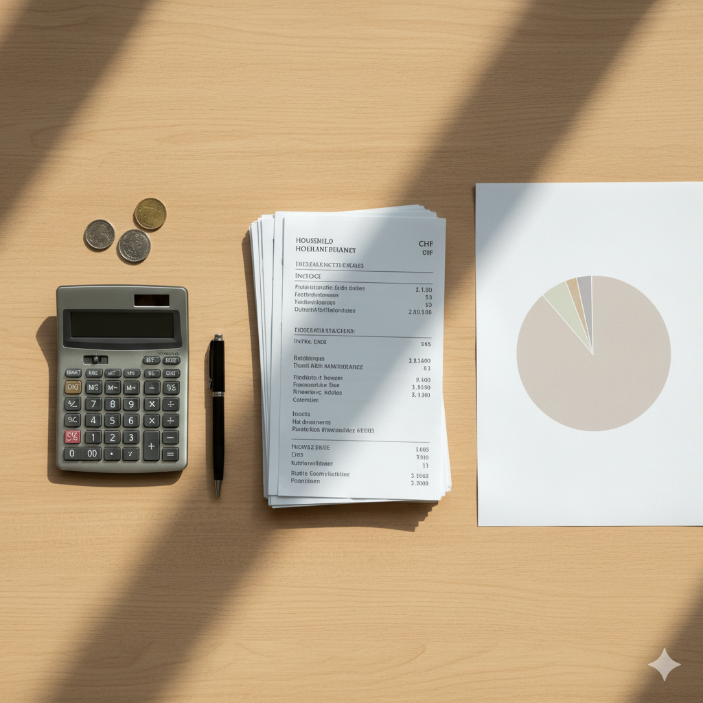 Vue en plongée de factures, calculatrice et graphique en camembert représentant les charges de PPE en Suisse.