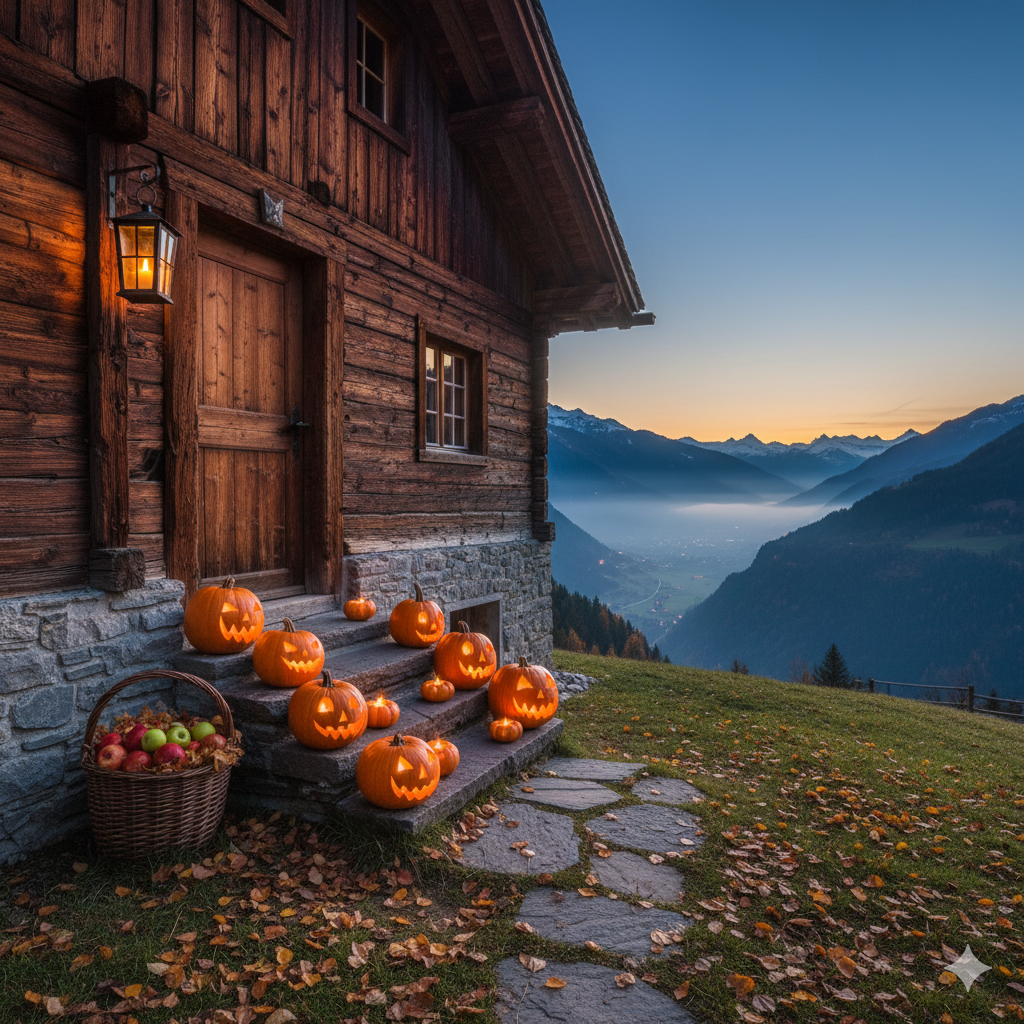 Façade d’une vieille maison valaisanne au crépuscule, éclairée par une lueur orangée d’automne, évoquant une atmosphère mystérieuse d’Halloween.