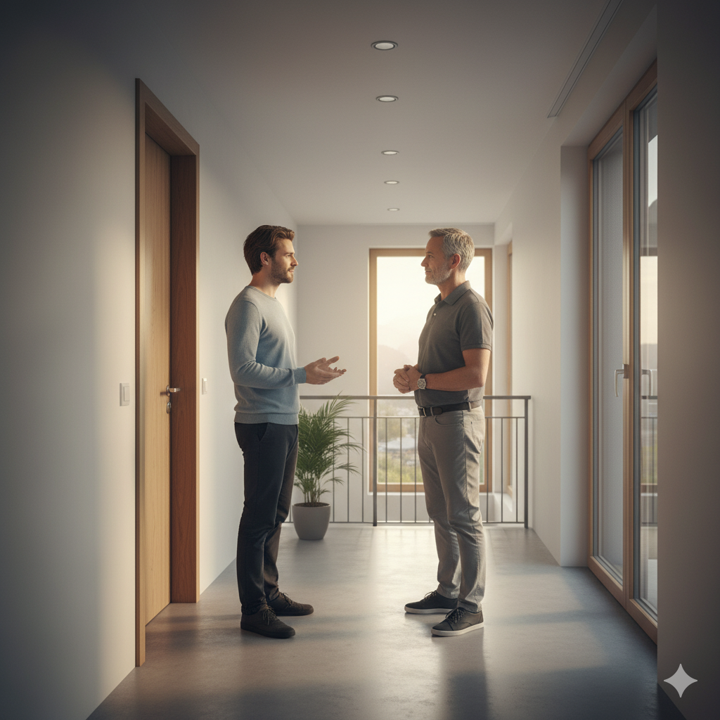 Deux voisins d’une PPE discutent calmement dans le couloir pour résoudre un conflit de bruit dans leur immeuble.