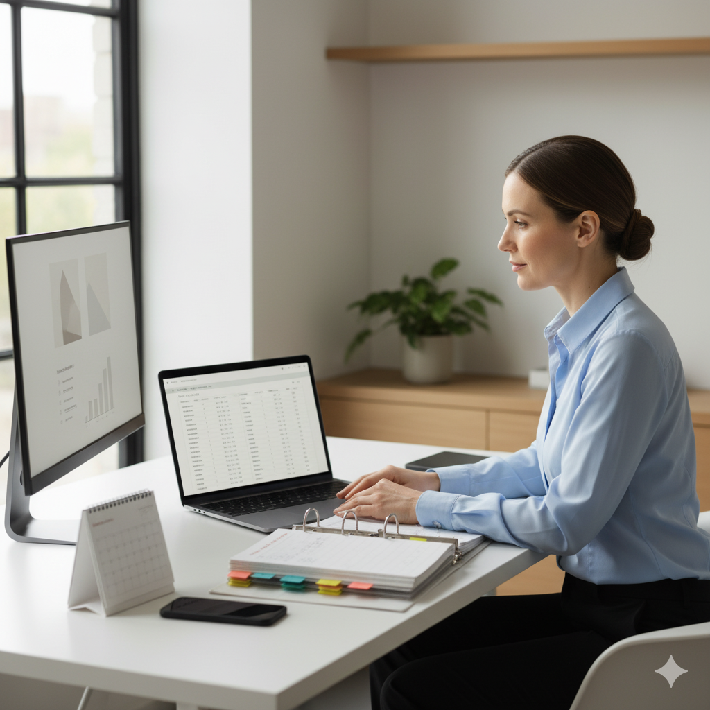 Gestionnaire de PPE au bureau analysant un planning et des comptes de copropriété sur ordinateur.