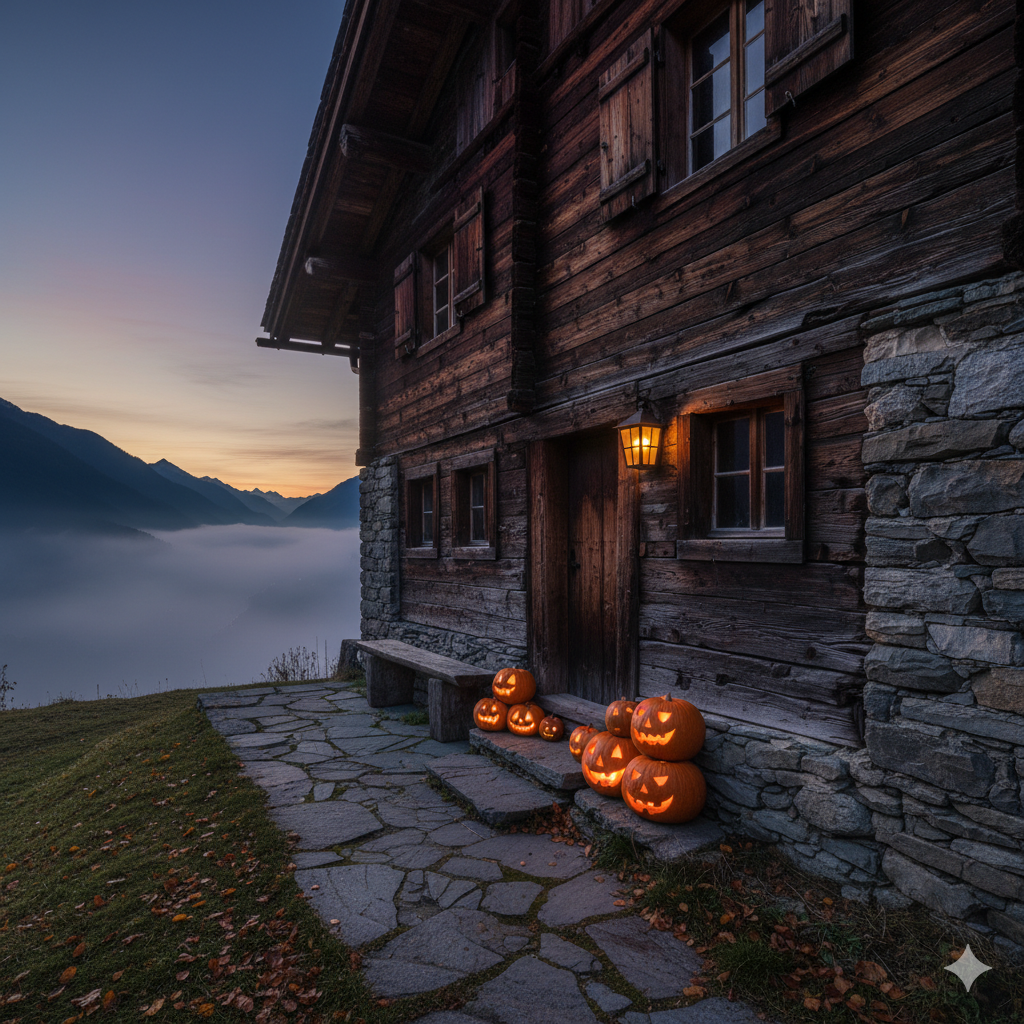 Citrouilles sculptées et bougies posées devant une maison suisse, décorée pour Halloween, créant une ambiance chaleureuse et festive.