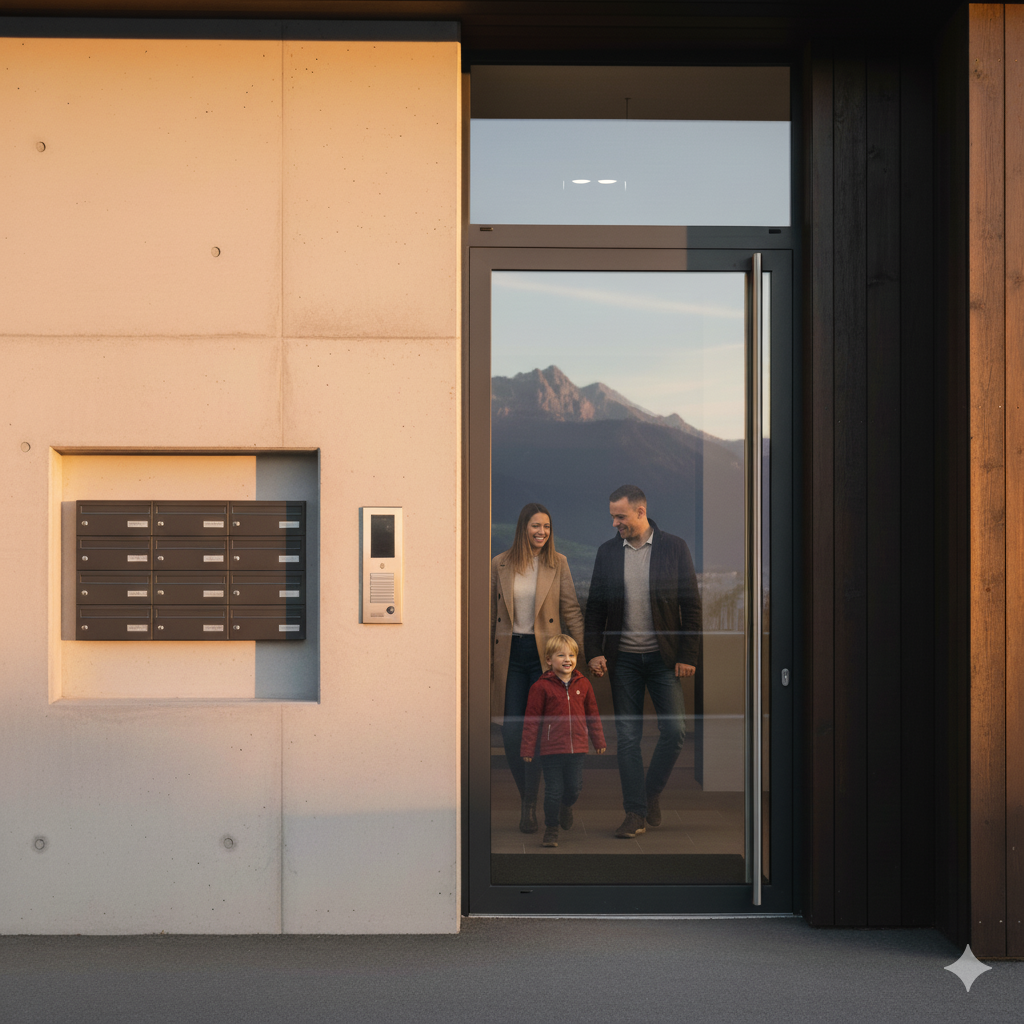 Entrée moderne d’une copropriété en Suisse avec une famille, symbolisant la sécurité et la qualité de vie en PPE.