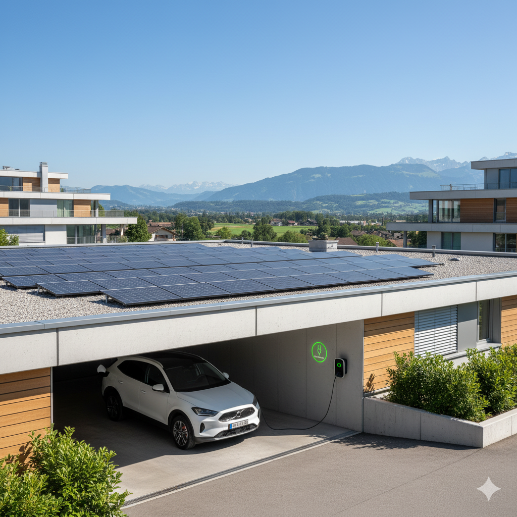 Copropriété en Suisse équipée de panneaux solaires sur le toit et d’une borne de recharge électrique pour véhicules.