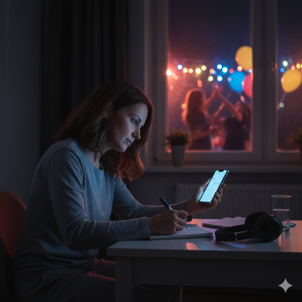 Une résidente d’appartement prend des notes sur les nuisances sonores de son voisin pour constituer une preuve juridique.