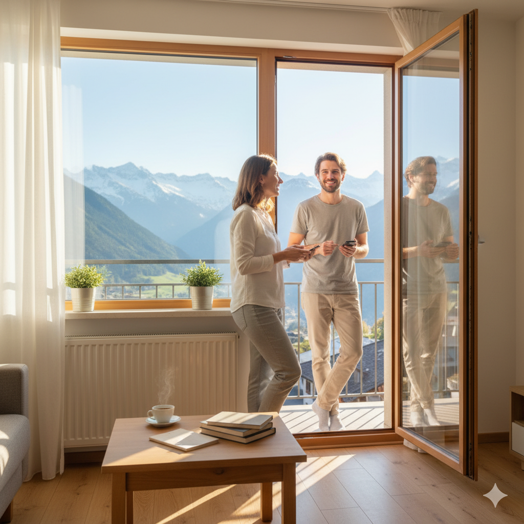 Un couple profite d’un intérieur calme et lumineux dans une PPE du Valais après la résolution d’un conflit de bruit.