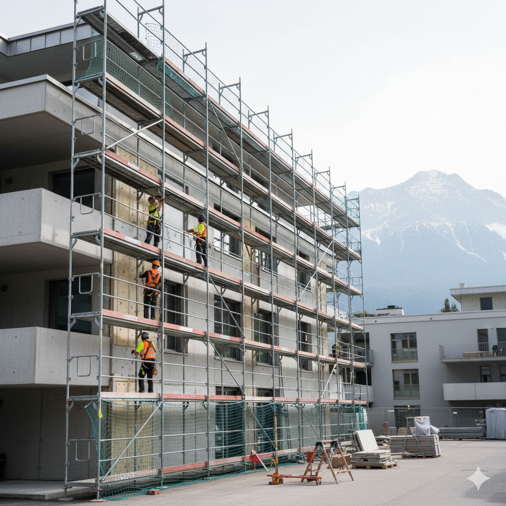 Immeuble résidentiel en Suisse avec échafaudages pour rénovation, illustrant les travaux planifiés en copropriété.