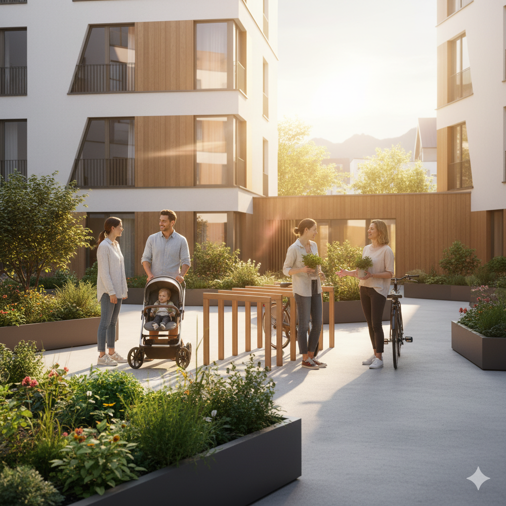 Voisins échangeant et partageant un moment convivial dans la cour d’une copropriété suisse.