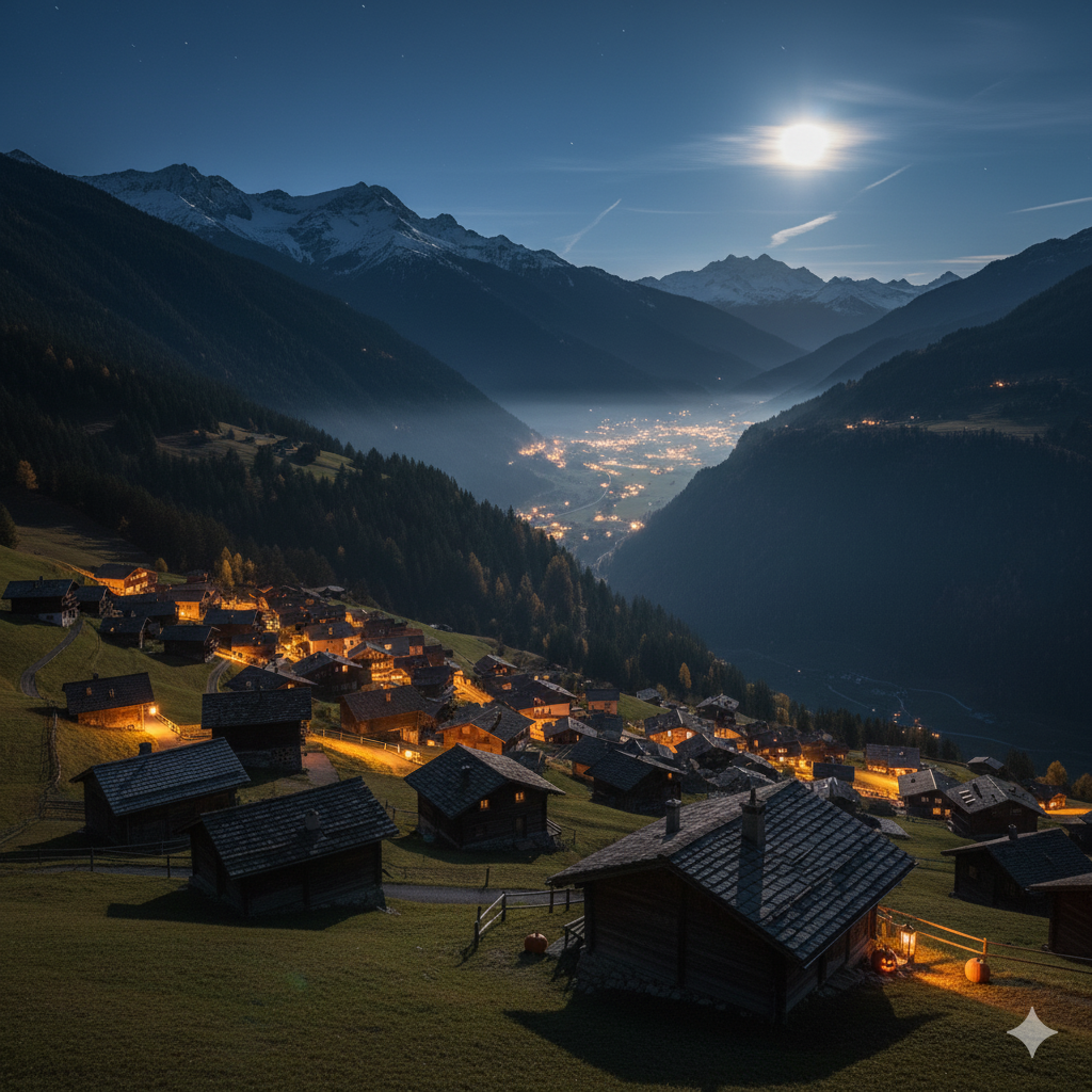 Vue nocturne d’un village valaisan entouré de montagnes, éclairé par des lumières douces, évoquant la magie et le mystère d’Halloween.