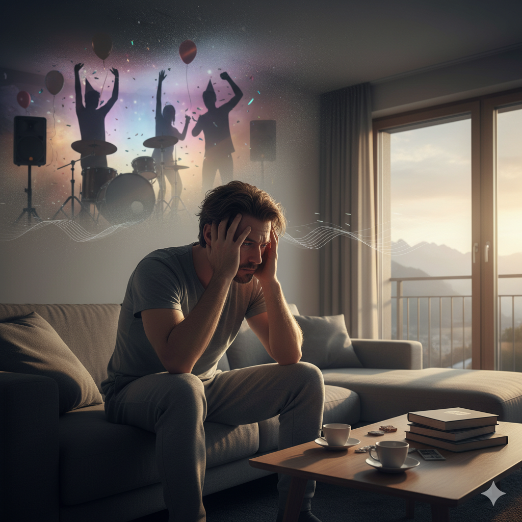 Un copropriétaire fatigué dans son salon d’appartement en Valais, dérangé par le bruit de ses voisins dans une PPE.