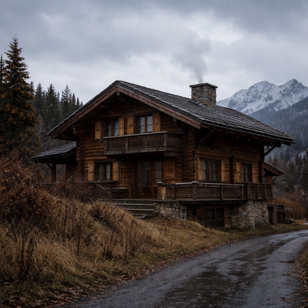Chalet de montagne hors saison, ciel gris et environnement calme, illustrant la réalité quotidienne d’un bien immobilier en dehors des périodes touristiques.