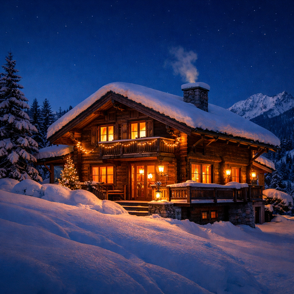 Chalet de montagne hors saison, ciel gris et environnement calme, illustrant la réalité quotidienne d’un bien immobilier en dehors des périodes touristiques.