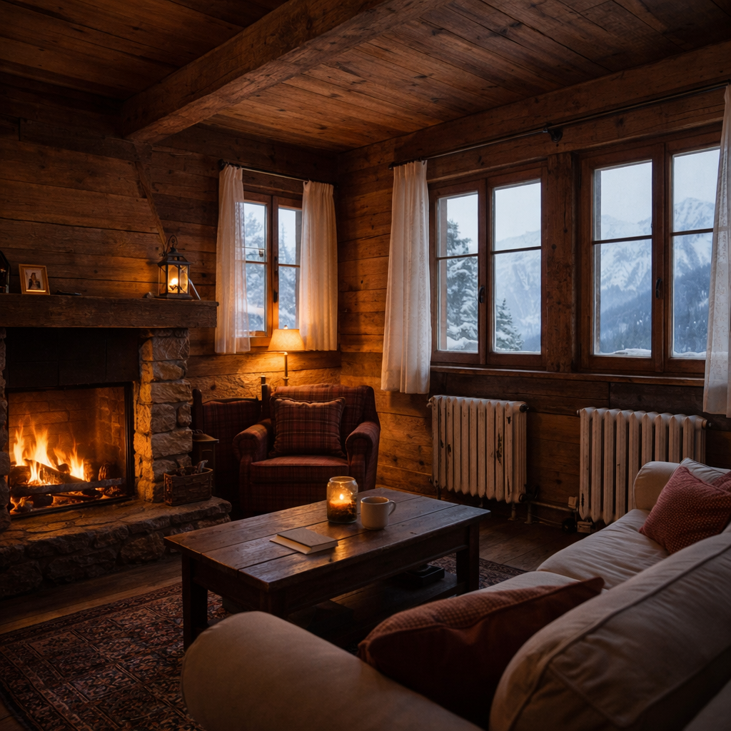 Intérieur de chalet de montagne chaleureux avec cheminée et bois ancien, montrant le contraste entre charme traditionnel et contraintes énergétiques.