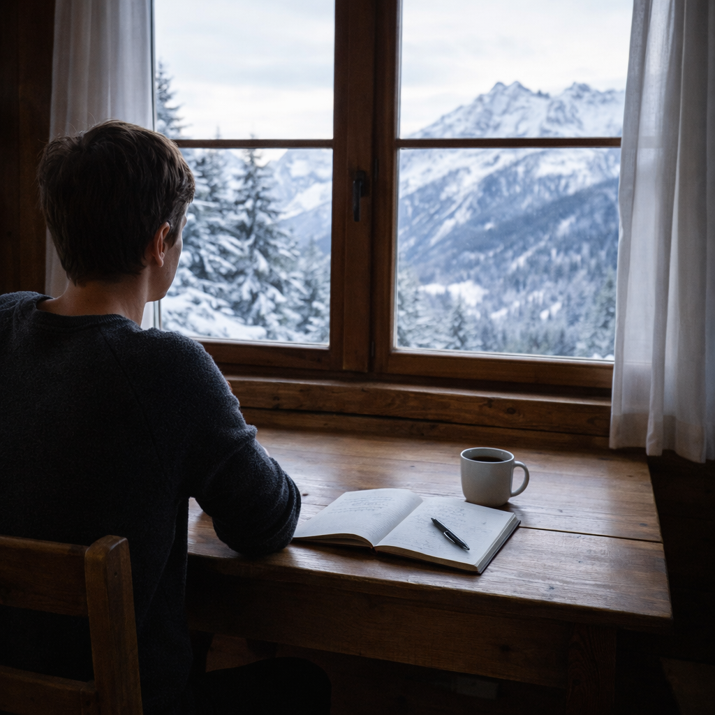 Personne réfléchissant à un projet immobilier face à un paysage de montagne enneigé, illustrant la prise de décision au-delà du rêve de Noël.