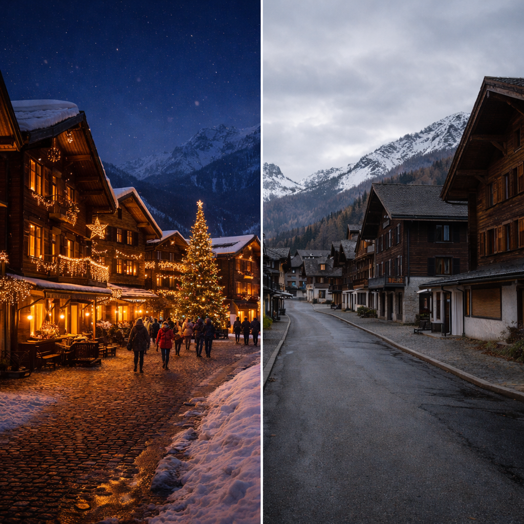 Contraste entre un village de montagne animé à Noël et le même village désert hors saison, mettant en évidence la temporalité de la vie en station.